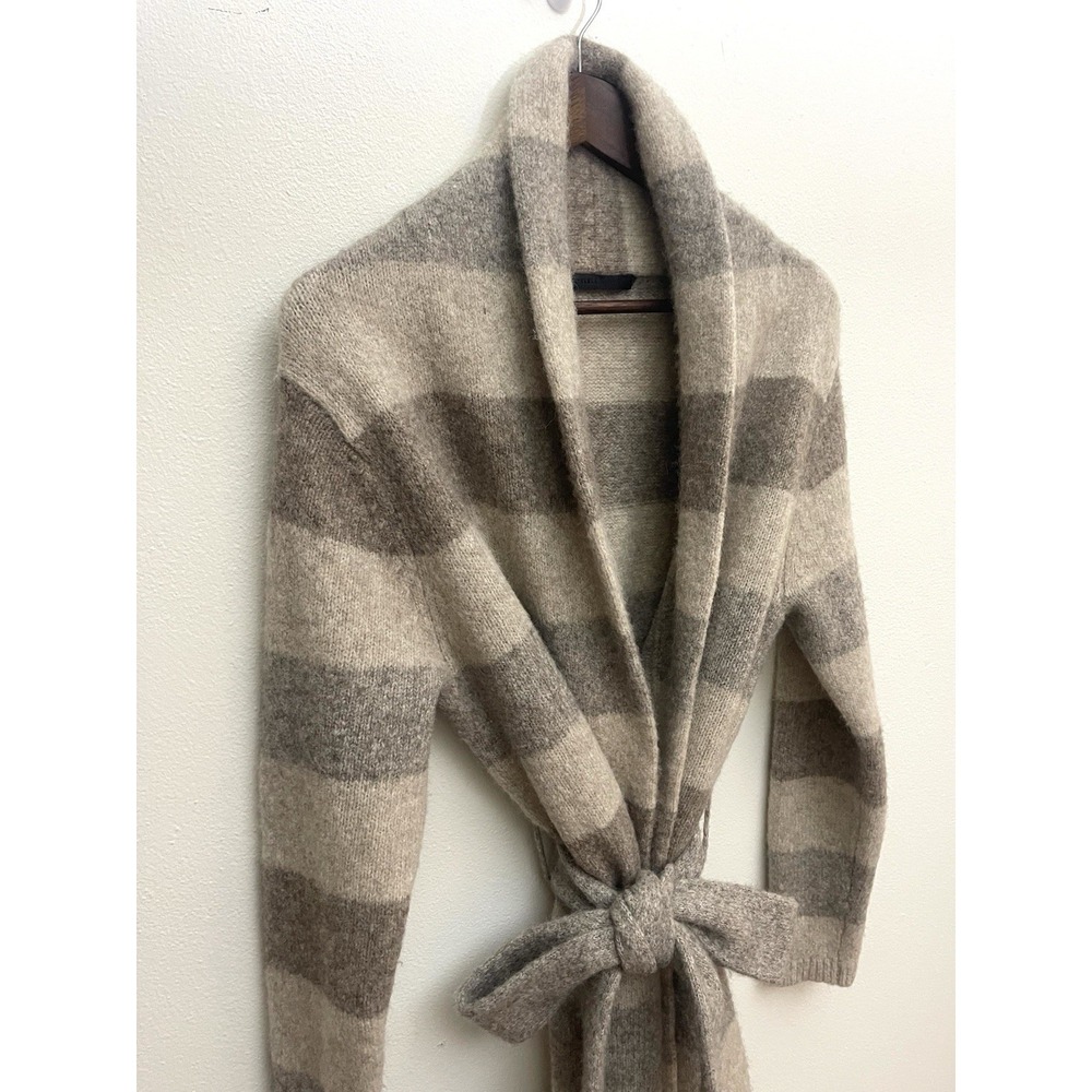 JENNI KAYNE Luxurious Belted Sweater Coat Long Cardi Oatmeal Stripe Yak Alpaca L - Picture 3 of 16